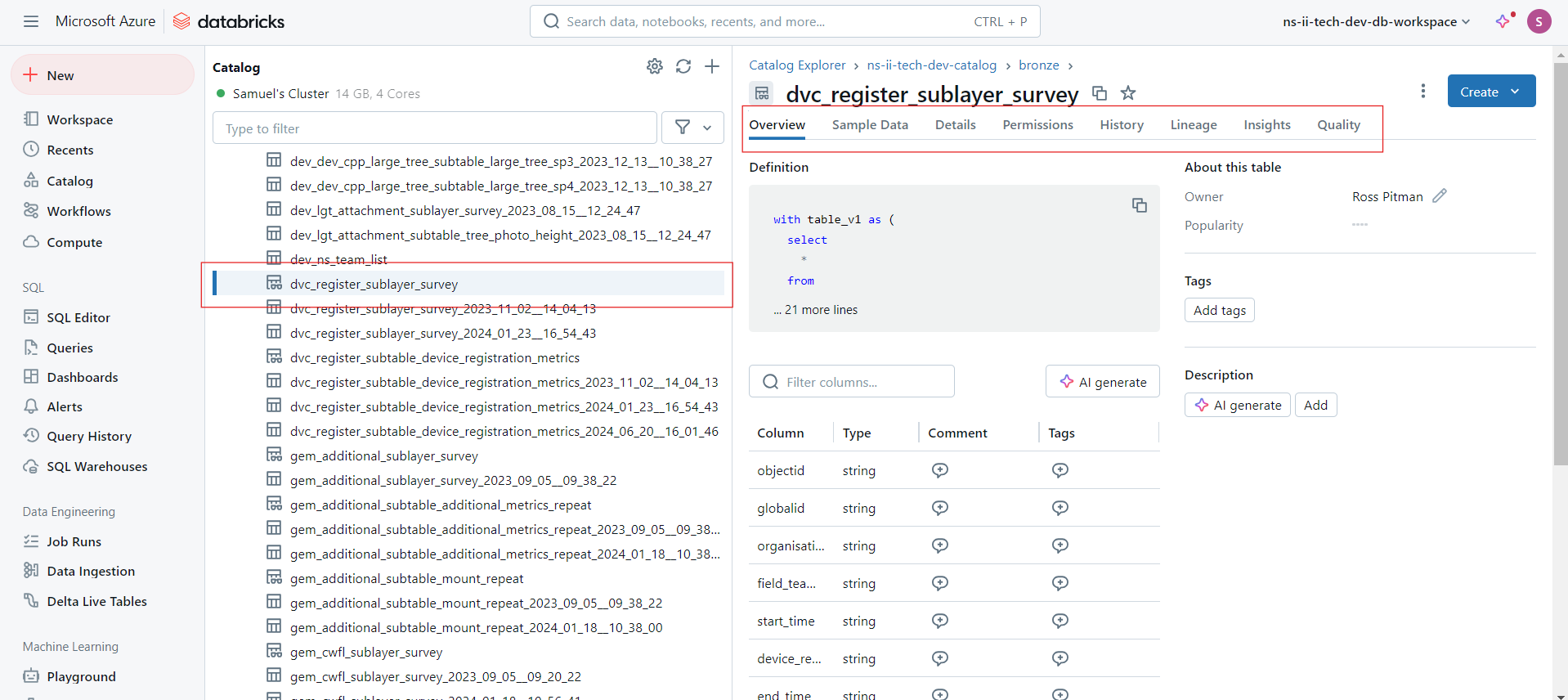 Catalog subtable