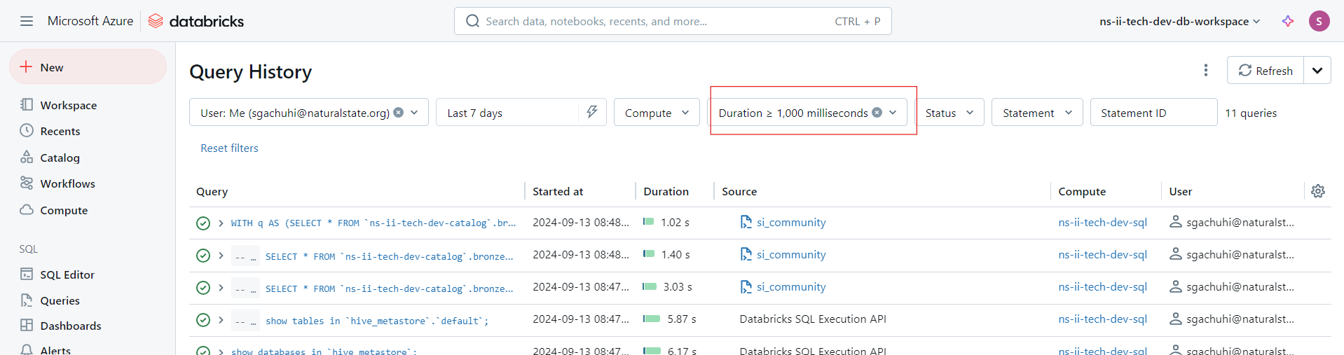 Filter query history