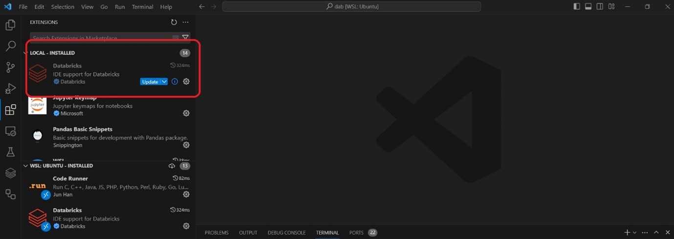 Searching for databricks extension in VS Code
